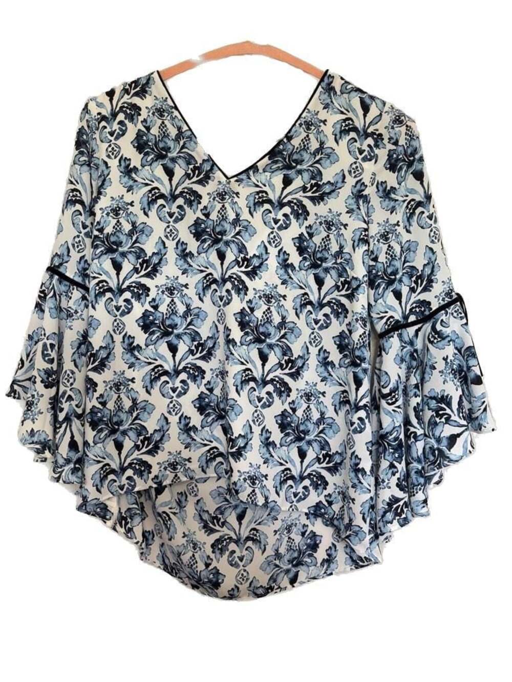 White house black market flare bell sleeve blouse china blue floral size 4